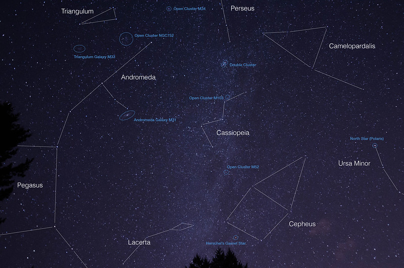 Imagen del cielo de noche donde se han dibujado patrones de constelaciones en las estrellas