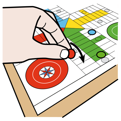 Mano colocando una ficha sobre un tablero de parchís